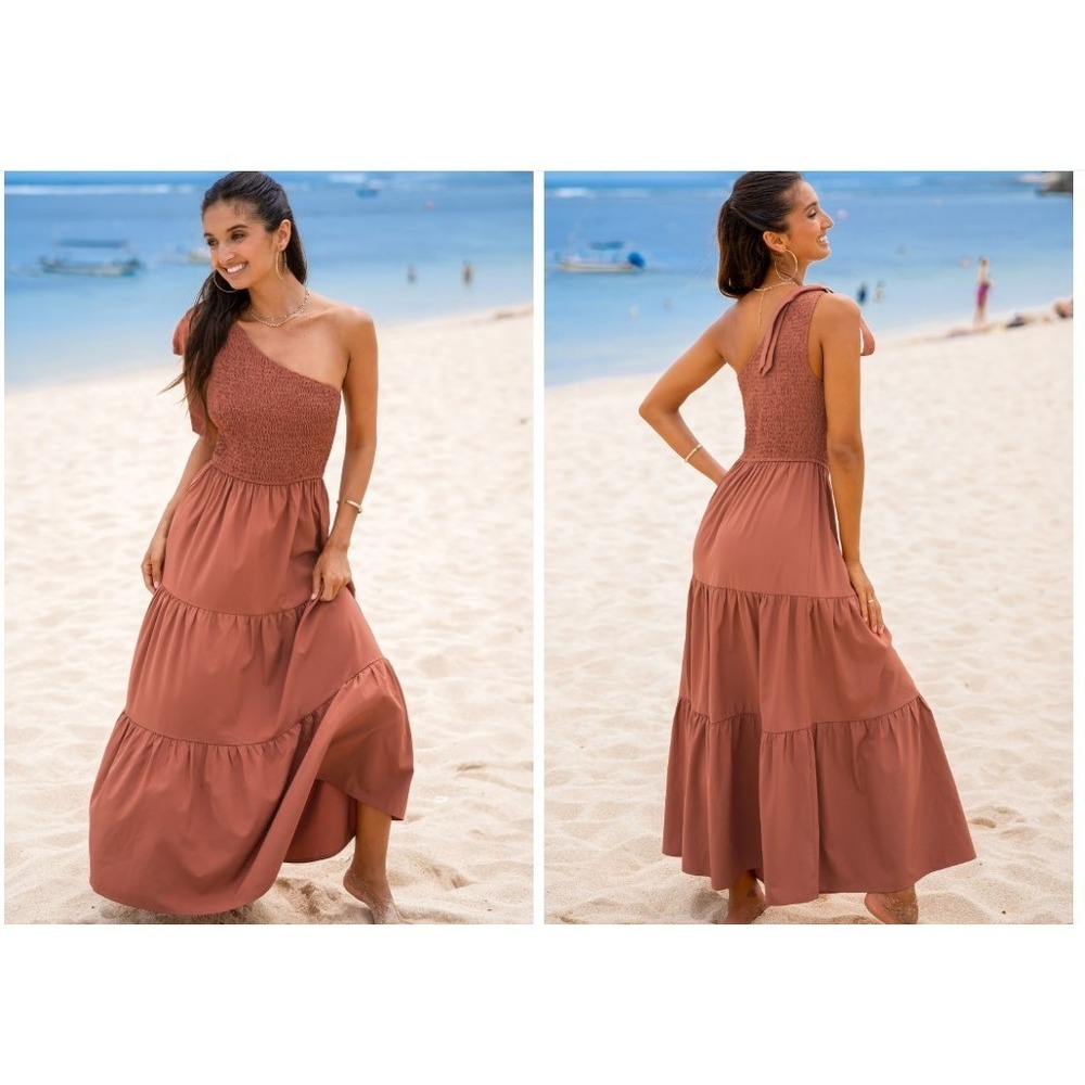 Cupshe One-Shoulder Smocked Waist Maxi Dress Tiered Boho Large Slit NEW